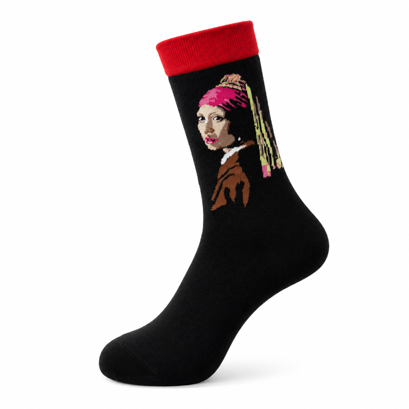Sock Wollah – Meisje met de Parel van Vermeer op zwart Sock Wollah – Meisje met de Parel van Vermeer op zwart