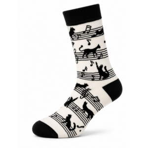 Sock Wollah – Partiture met noten, katten en muzieksleutels op wit