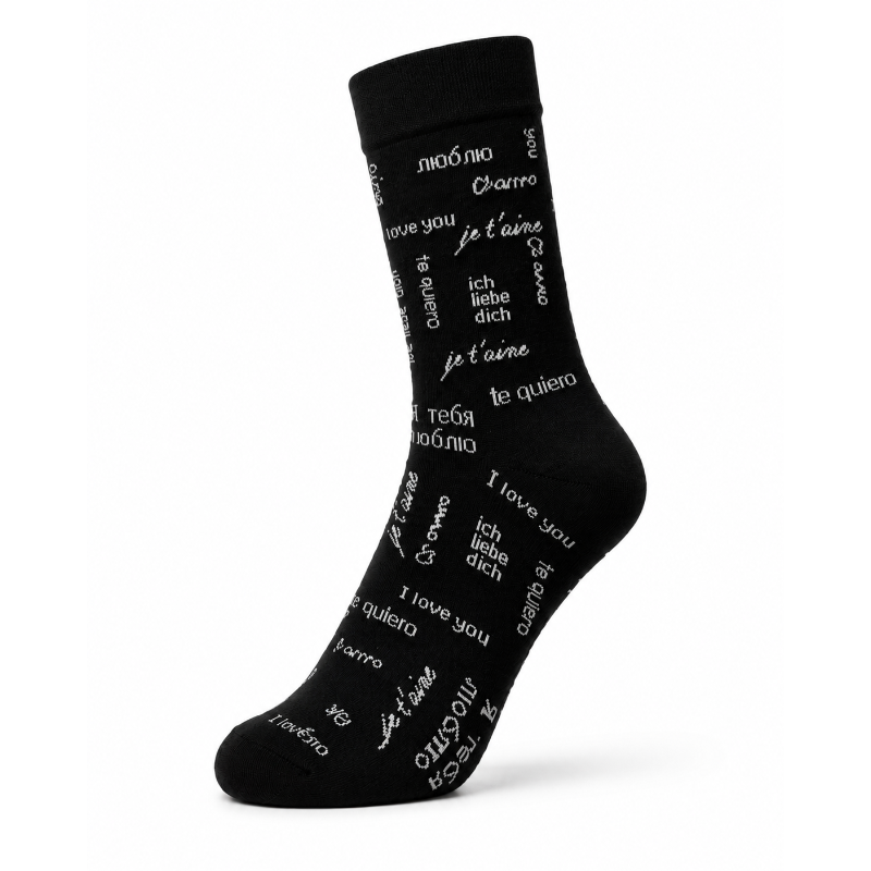 Sock Wollah – I love you, meertalig in wit op zwart Sock Wollah – I love you, meertalig in wit op zwart