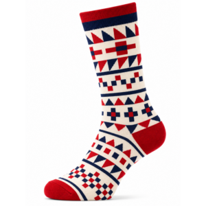 Sock Wollah &ndash; Sokken met Aztek/Maya Tekens in rood en blauw op cr&egrave;me