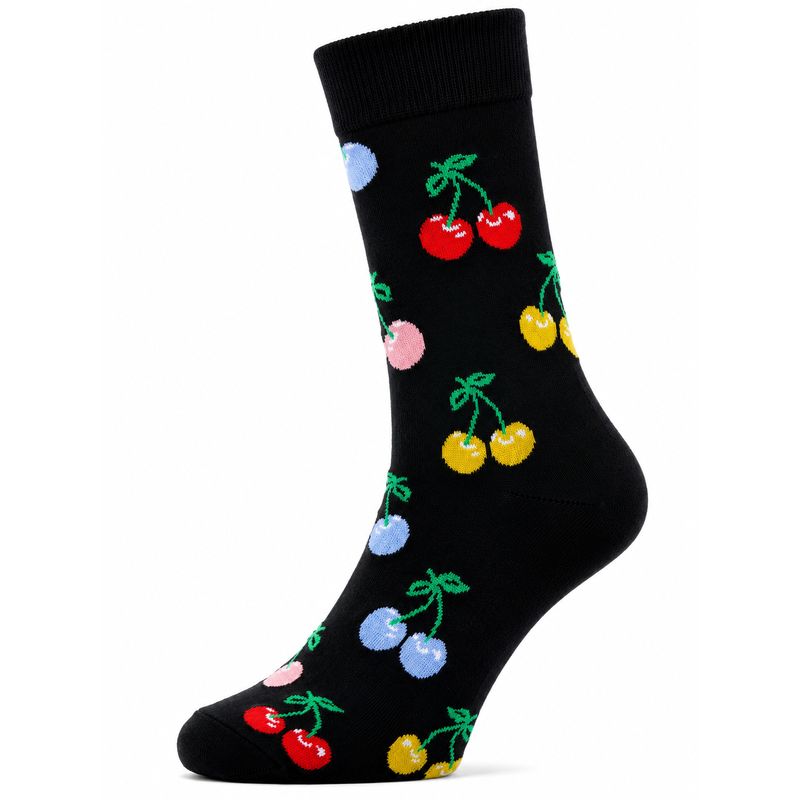 Sock Wollah – Gekleurde kersen met steel op zwart Sock Wollah – Gekleurde kersen met steel op zwart