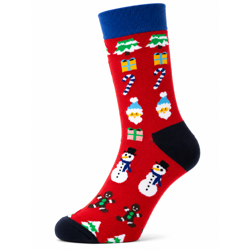 Sock Wollah – Sneeuwpop, kerstboom e.d. op rood Sock Wollah – Sneeuwpop, kerstboom e.d. op rood