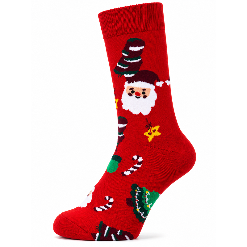 Sock Wollah – Kerstman, boom, Sugar Cane op rood Sock Wollah – Kerstman, boom, Sugar Cane op rood